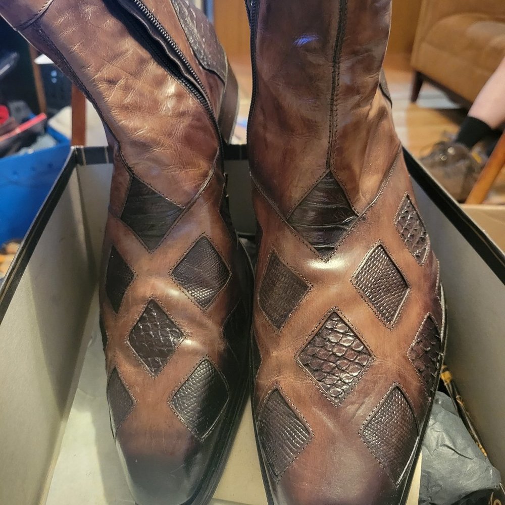 Jo Ghost size 46/Us13 brown leather, crocodile and snake print ankle boots